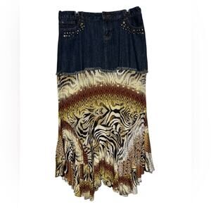Rampage Vtg Y2K 2000s Denim Tiered Animal Zebra Print Midi Maxi Skirt Sz Large